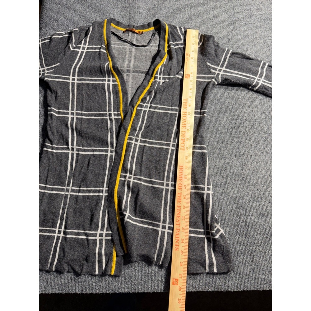 Belldini Grey White Windowpane Plaid Open Front Cardigan Yellow Trim Medium - Picture 7 of 9